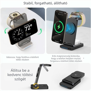 3-in-1 összecsukható mágneses vezeték nélküli töltő iPhone-ra, AirPods-ra és Apple Watch-ra — 20W max kimenet, 2A, QC 3.0, CE/FCC/ROHS tanúsítványok