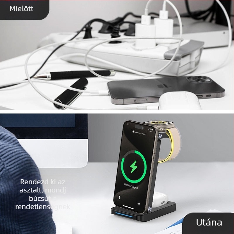 3-in-1 összecsukható mágneses vezeték nélküli töltő iPhone-ra, AirPods-ra és Apple Watch-ra — 20W max kimenet, 2A, QC 3.0, CE/FCC/ROHS tanúsítványok