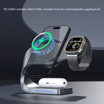 Vezeték nélküli töltő félvezető hűtőventilátorral, 3-az-1-ben mágneses állvánnyal, 15W vezeték nélküli töltés, PD gyors töltés, 33W összteljesítmény