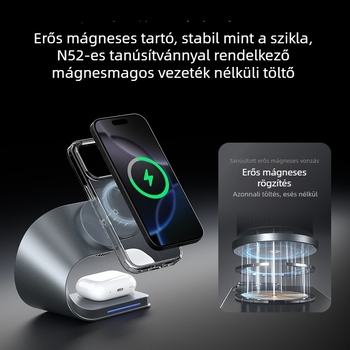 Vezeték nélküli töltő félvezető hűtőventilátorral, 3-az-1-ben mágneses állvánnyal, 15W vezeték nélküli töltés, PD gyors töltés, 33W összteljesítmény