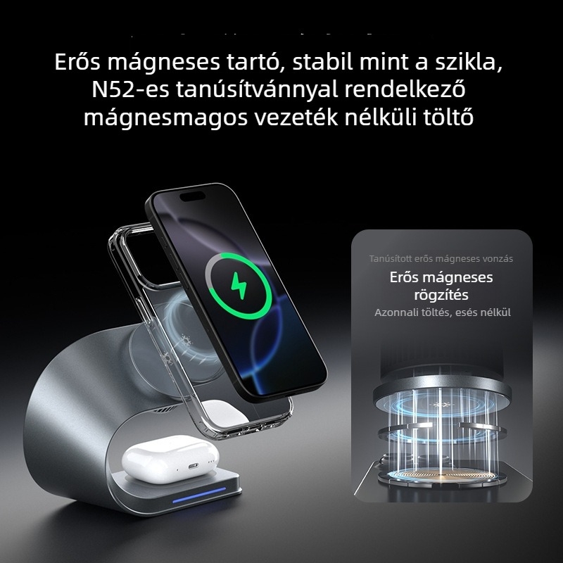 Vezeték nélküli töltő félvezető hűtőventilátorral, 3-az-1-ben mágneses állvánnyal, 15W vezeték nélküli töltés, PD gyors töltés, 33W összteljesítmény