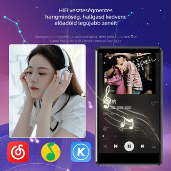 Wi‑Fi MP4 lejátszó 4,0 hüvelykes érintőképernyővel, Bluetooth; 480×800 kijelző; támogatja MP3/WMA/WAV/OGG/FLAC és AVI/FLV videókat; 2000mAh akkumulátor, USB 2.0, TF kártya; OEM elérhető, 1 év garancia