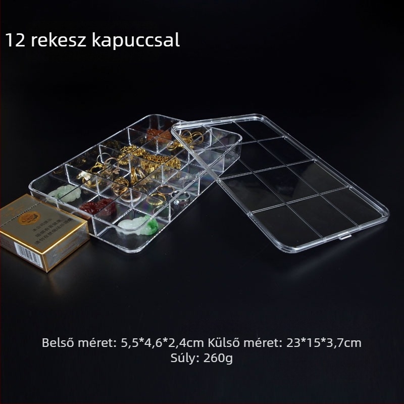 Átlátszó akril 18 rekeszes kerek gyöngytároló doboz ezüst kapoccsal és kiállítási tálcával