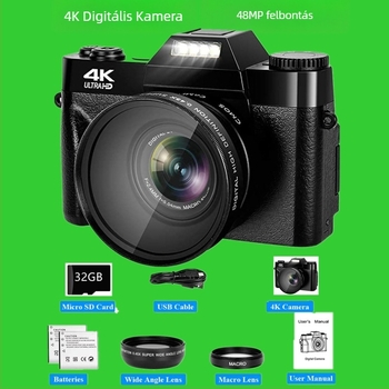 4K tükör nélküli digitális kamera, 48MP, 3,0 hüvelykes forgatható LCD, széles látószög, CMOS szenzor