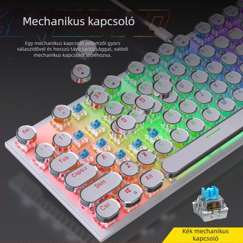 Hárommódos RGB háttérvilágítással és elektroplatinnal készült multimédiás gombos mechanikus billentyűzet, vezetékes, 104 gomb, fém ház