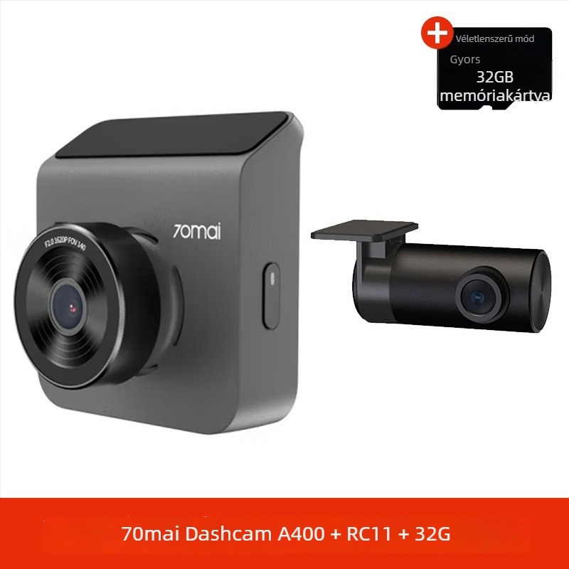 70Mai A400 autós DVR: Panorámás kettős objektíves parkolásfigyelő, 120°, 1600P, 5MP, F2.0, TF-kártya foglalat