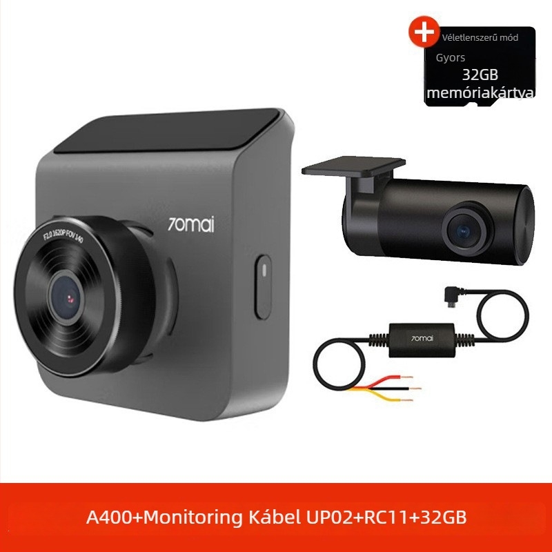 70Mai A400 autós DVR: Panorámás kettős objektíves parkolásfigyelő, 120°, 1600P, 5MP, F2.0, TF-kártya foglalat