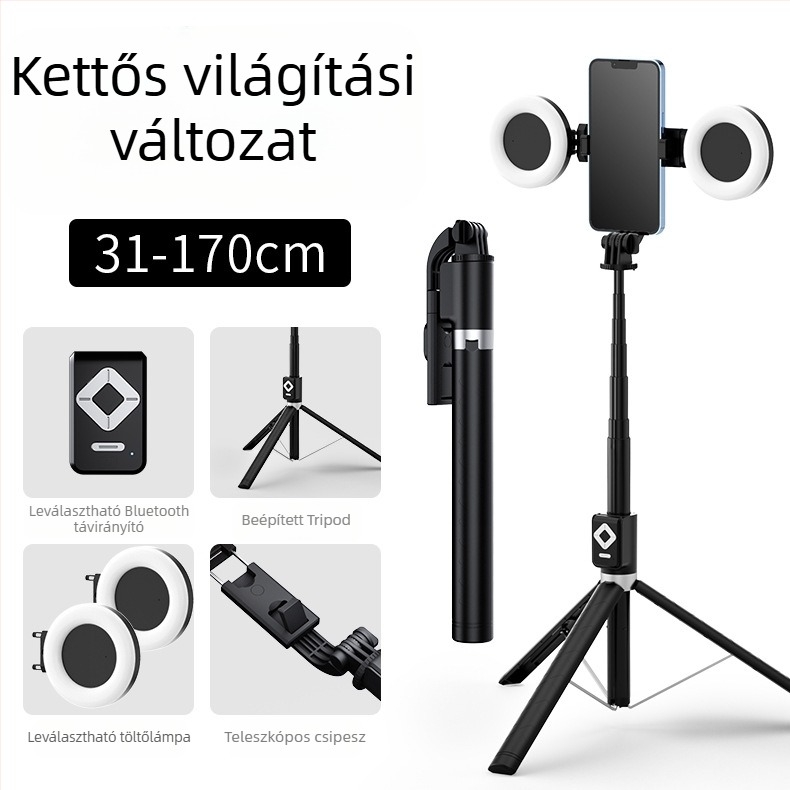 BT12 Bluetooth selfie bot és állvány LED világítással, távirányítóval