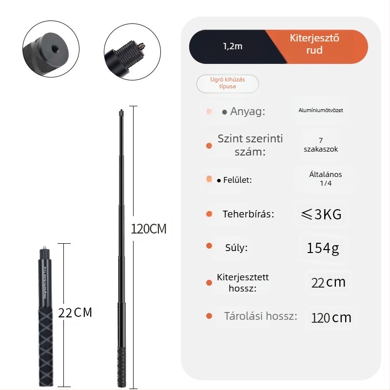 Bullet Time selfie stick fogó forgó felvétellel, 5 részű alumínium ötvözet, teherbírás 2–5 kg