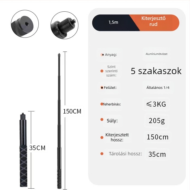 Bullet Time selfie stick fogó forgó felvétellel, 5 részű alumínium ötvözet, teherbírás 2–5 kg