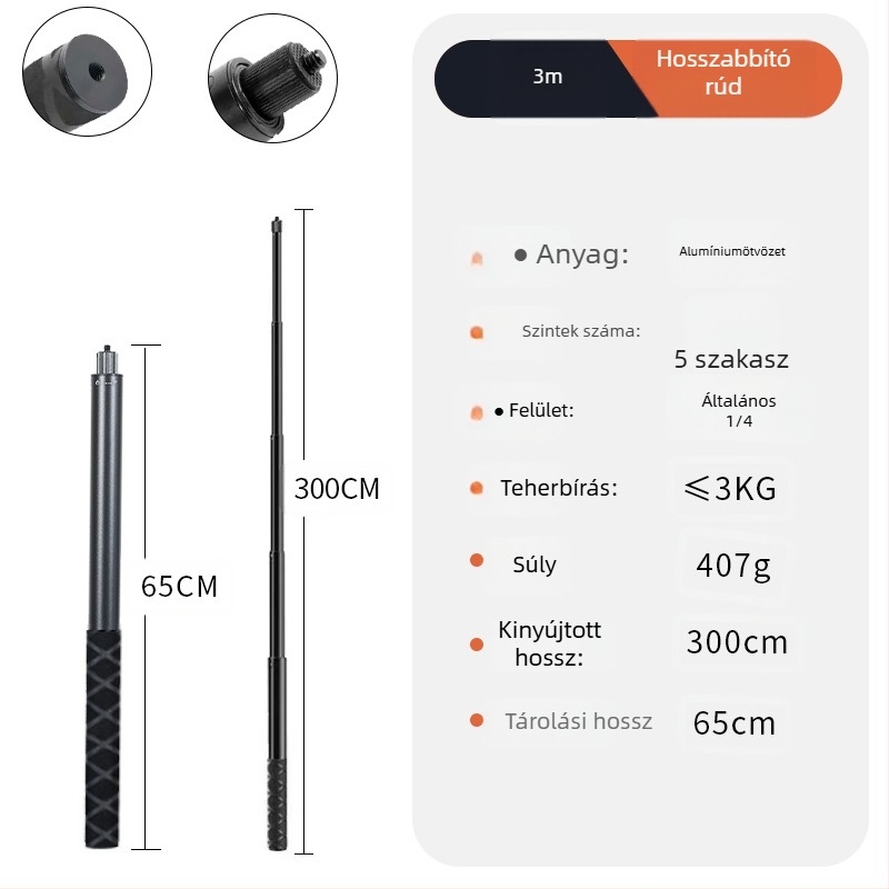 Bullet Time selfie stick fogó forgó felvétellel, 5 részű alumínium ötvözet, teherbírás 2–5 kg