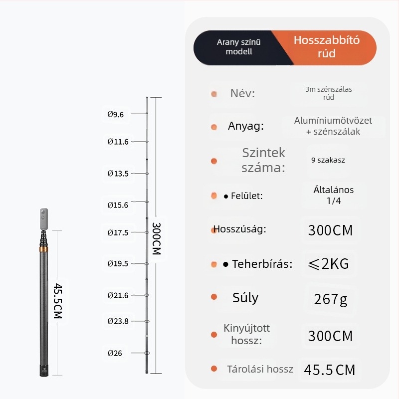 Bullet Time selfie stick fogó forgó felvétellel, 5 részű alumínium ötvözet, teherbírás 2–5 kg