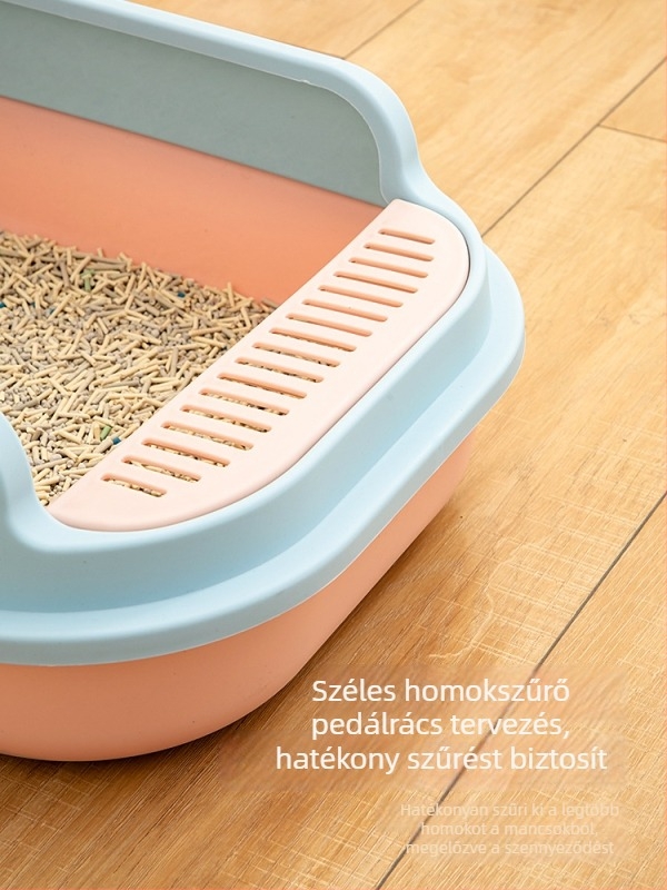 Macskaalomtál fél-zárt dizájnal, nyitott felső résszel, anti-fröccsenés műanyag kivitel