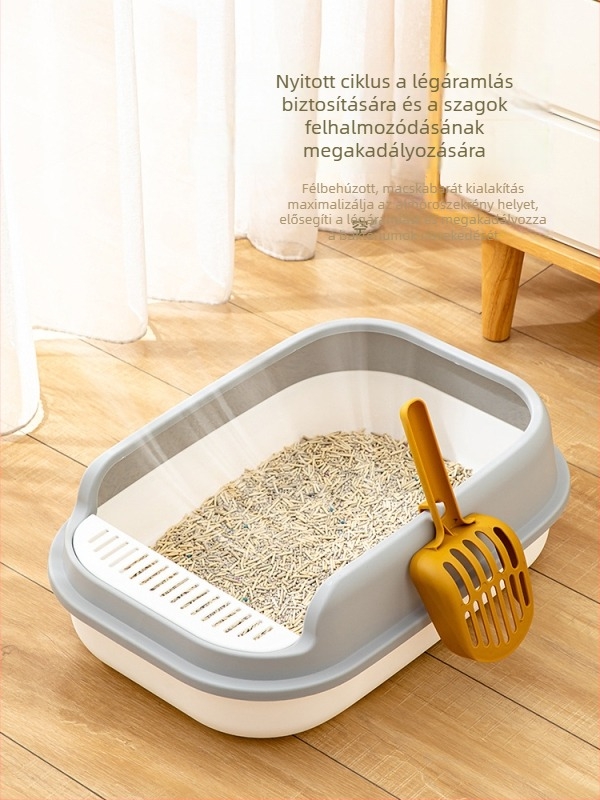 Macskaalomtál fél-zárt dizájnal, nyitott felső résszel, anti-fröccsenés műanyag kivitel