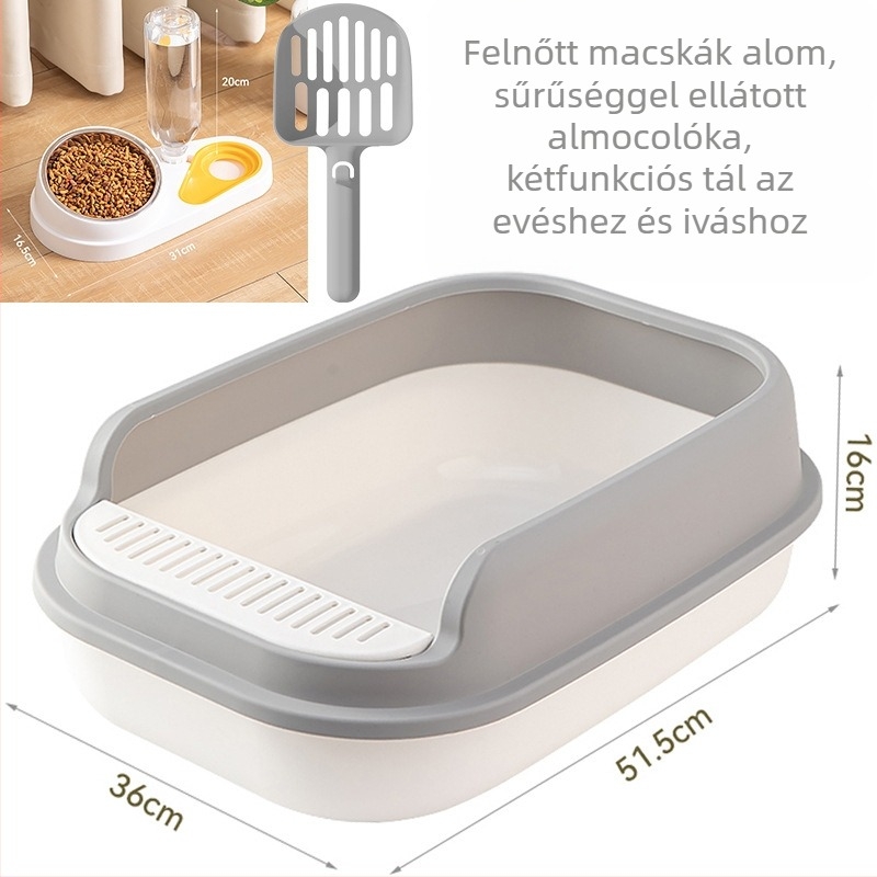 Macskaalomtál fél-zárt dizájnal, nyitott felső résszel, anti-fröccsenés műanyag kivitel