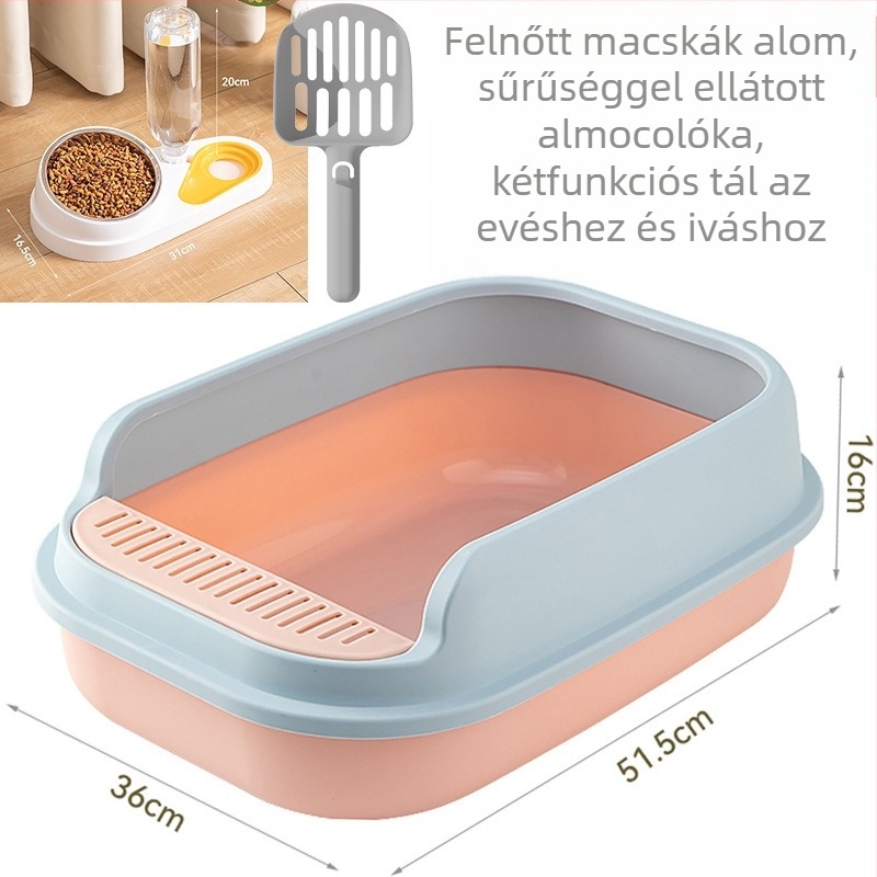Macskaalomtál fél-zárt dizájnal, nyitott felső résszel, anti-fröccsenés műanyag kivitel