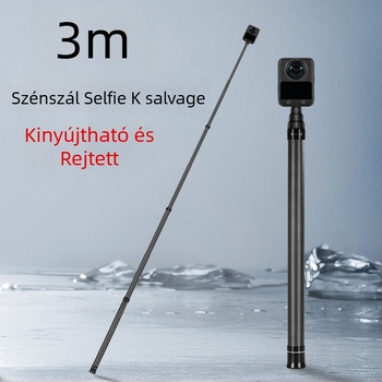7-szakaszos teleszkópos selfie-sticka szénszálas és alumínium ötvözetből, 1/4 hüvelyk csatlakozással és action kamera kompatibilitás, teherbírás kevesebb mint 2 kg