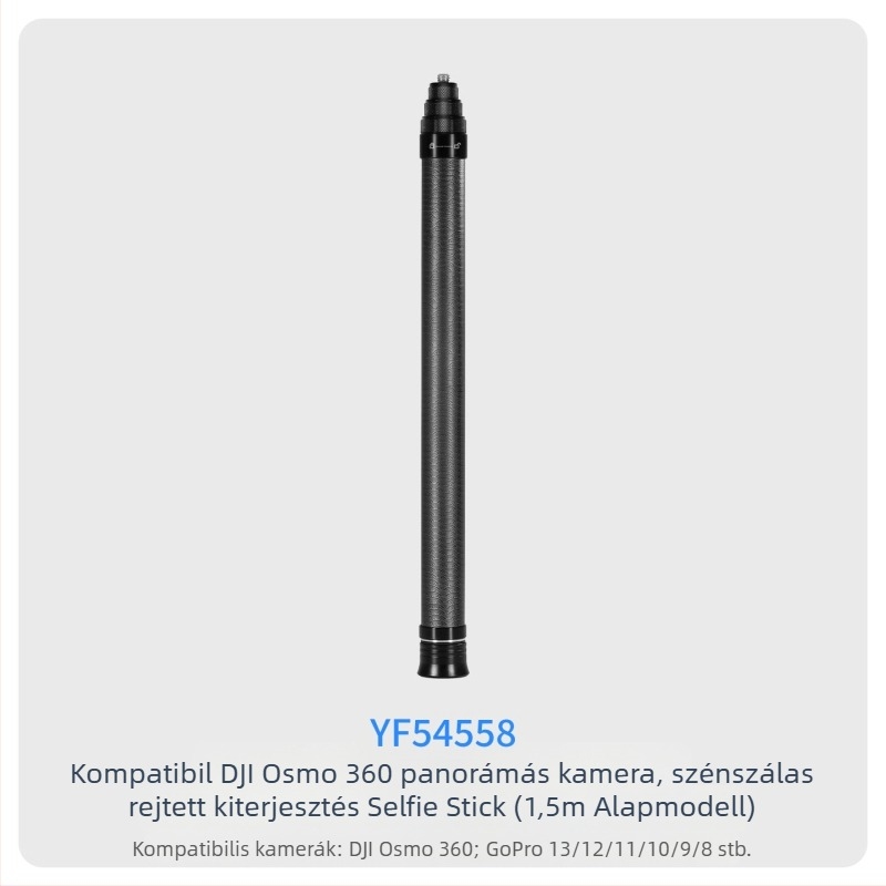 7-szakaszos teleszkópos selfie-sticka szénszálas és alumínium ötvözetből, 1/4 hüvelyk csatlakozással és action kamera kompatibilitás, teherbírás kevesebb mint 2 kg