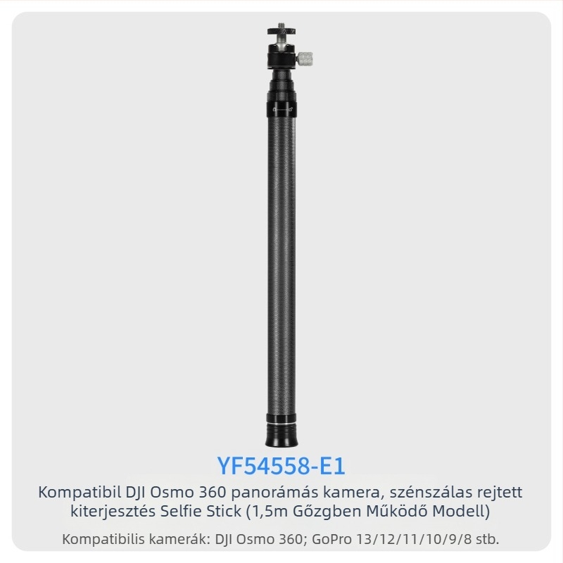 7-szakaszos teleszkópos selfie-sticka szénszálas és alumínium ötvözetből, 1/4 hüvelyk csatlakozással és action kamera kompatibilitás, teherbírás kevesebb mint 2 kg