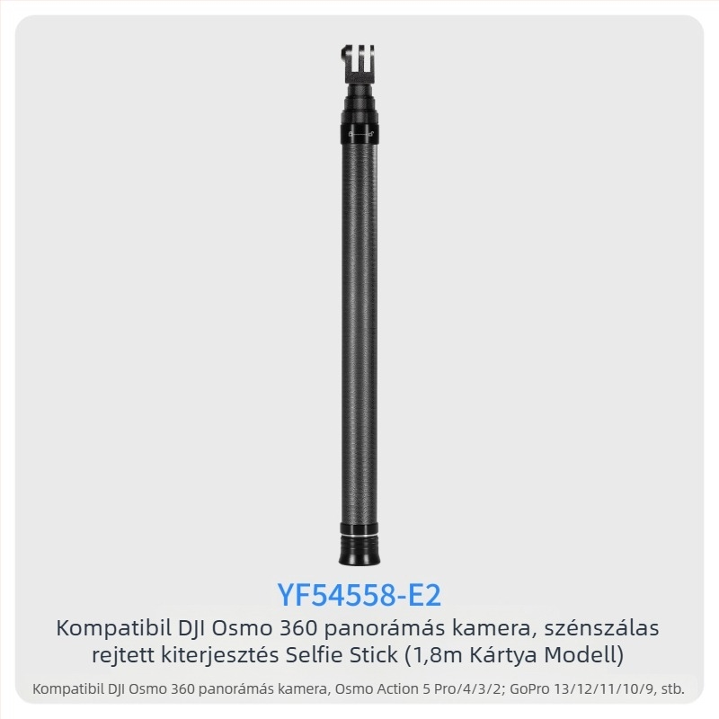 7-szakaszos teleszkópos selfie-sticka szénszálas és alumínium ötvözetből, 1/4 hüvelyk csatlakozással és action kamera kompatibilitás, teherbírás kevesebb mint 2 kg