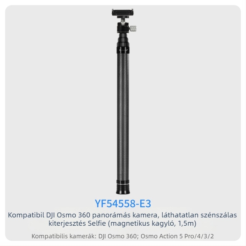 7-szakaszos teleszkópos selfie-sticka szénszálas és alumínium ötvözetből, 1/4 hüvelyk csatlakozással és action kamera kompatibilitás, teherbírás kevesebb mint 2 kg