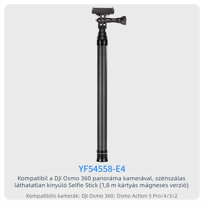 7-szakaszos teleszkópos selfie-sticka szénszálas és alumínium ötvözetből, 1/4 hüvelyk csatlakozással és action kamera kompatibilitás, teherbírás kevesebb mint 2 kg