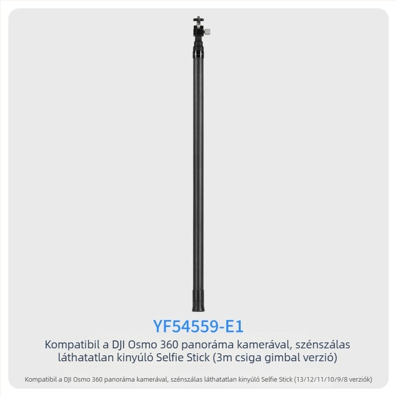 7-szakaszos teleszkópos selfie-sticka szénszálas és alumínium ötvözetből, 1/4 hüvelyk csatlakozással és action kamera kompatibilitás, teherbírás kevesebb mint 2 kg