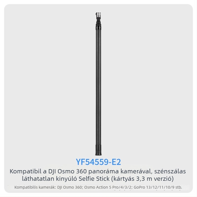 7-szakaszos teleszkópos selfie-sticka szénszálas és alumínium ötvözetből, 1/4 hüvelyk csatlakozással és action kamera kompatibilitás, teherbírás kevesebb mint 2 kg