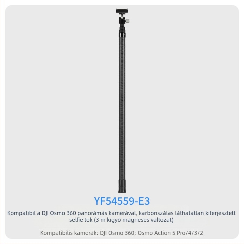 7-szakaszos teleszkópos selfie-sticka szénszálas és alumínium ötvözetből, 1/4 hüvelyk csatlakozással és action kamera kompatibilitás, teherbírás kevesebb mint 2 kg