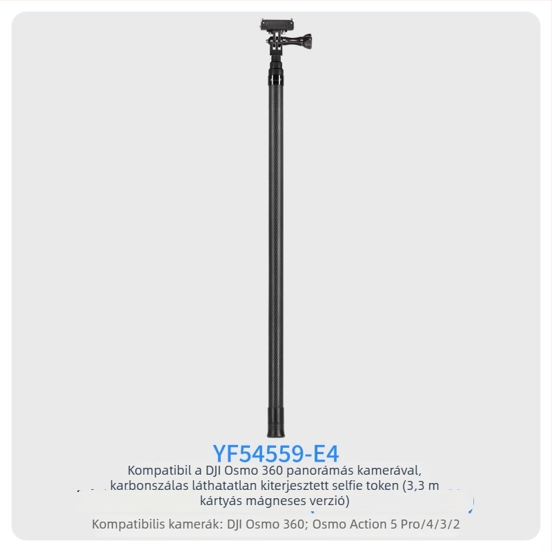 7-szakaszos teleszkópos selfie-sticka szénszálas és alumínium ötvözetből, 1/4 hüvelyk csatlakozással és action kamera kompatibilitás, teherbírás kevesebb mint 2 kg