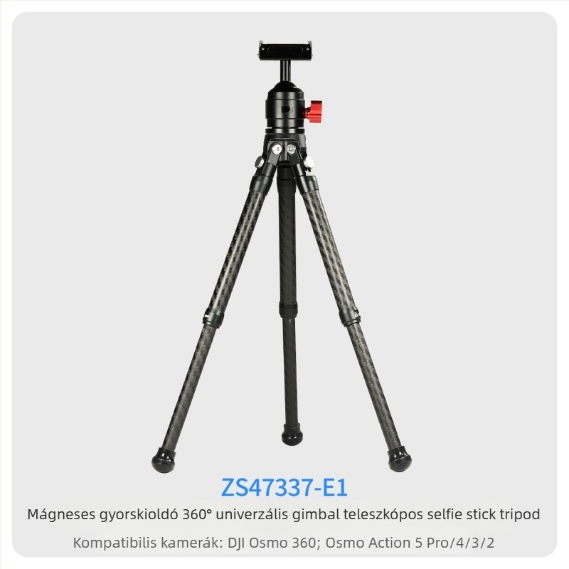 7-szakaszos teleszkópos selfie-sticka szénszálas és alumínium ötvözetből, 1/4 hüvelyk csatlakozással és action kamera kompatibilitás, teherbírás kevesebb mint 2 kg