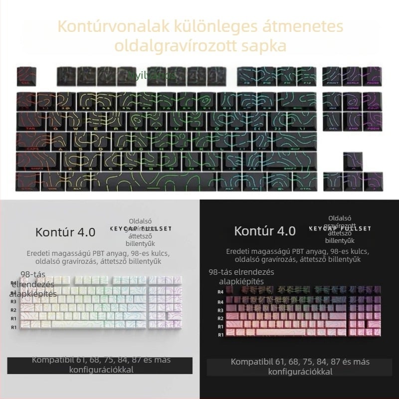 Oldalról gravírozott, átlátszó billentyűfedők 61/68/75/84/87 billentyűzetekhez; háttérvilágítás nélkül; nem vízálló