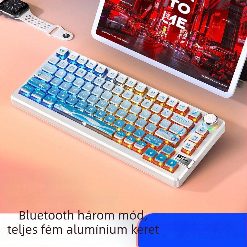 Mechanikus billentyűzet, 81 billentyűs, vezeték nélküli hárommódú kapcsolattal, alumíniumötvözet korpusz, lineáris kapcsolók.