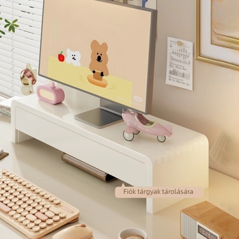 Monitoremelt munkaállomás fiókkal, notebooktartóval, megemelt billentyűzet-tartóval és hűtő tárolóval — fenyőfa, asztali stílus