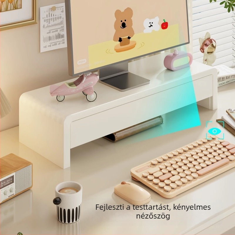 Monitoremelt munkaállomás fiókkal, notebooktartóval, megemelt billentyűzet-tartóval és hűtő tárolóval — fenyőfa, asztali stílus