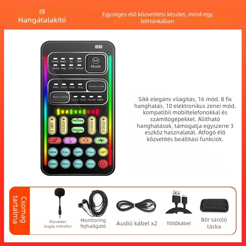 Mini USB hangkártya hangváltoztatóval mobilos és PC-s streaminghez — Modell i9, beépített 500–800mAh akkumulátor, Bluetooth 4.0, frekvenciatartomány 100Hz–20kHz, SNR ≥60dB