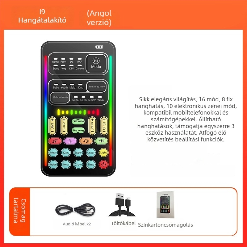 Mini USB hangkártya hangváltoztatóval mobilos és PC-s streaminghez — Modell i9, beépített 500–800mAh akkumulátor, Bluetooth 4.0, frekvenciatartomány 100Hz–20kHz, SNR ≥60dB