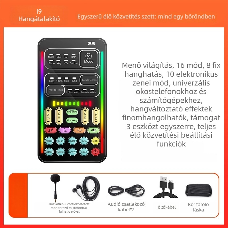 Mini USB hangkártya hangváltoztatóval mobilos és PC-s streaminghez — Modell i9, beépített 500–800mAh akkumulátor, Bluetooth 4.0, frekvenciatartomány 100Hz–20kHz, SNR ≥60dB