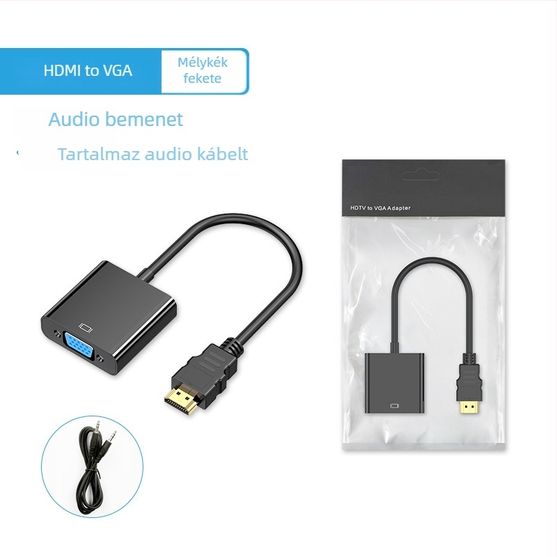 HDMI–VGA adapter hanggal, 0,15 m kábel, ABS ház, aranyozott csatlakozó, oxigénmentes réz vezető