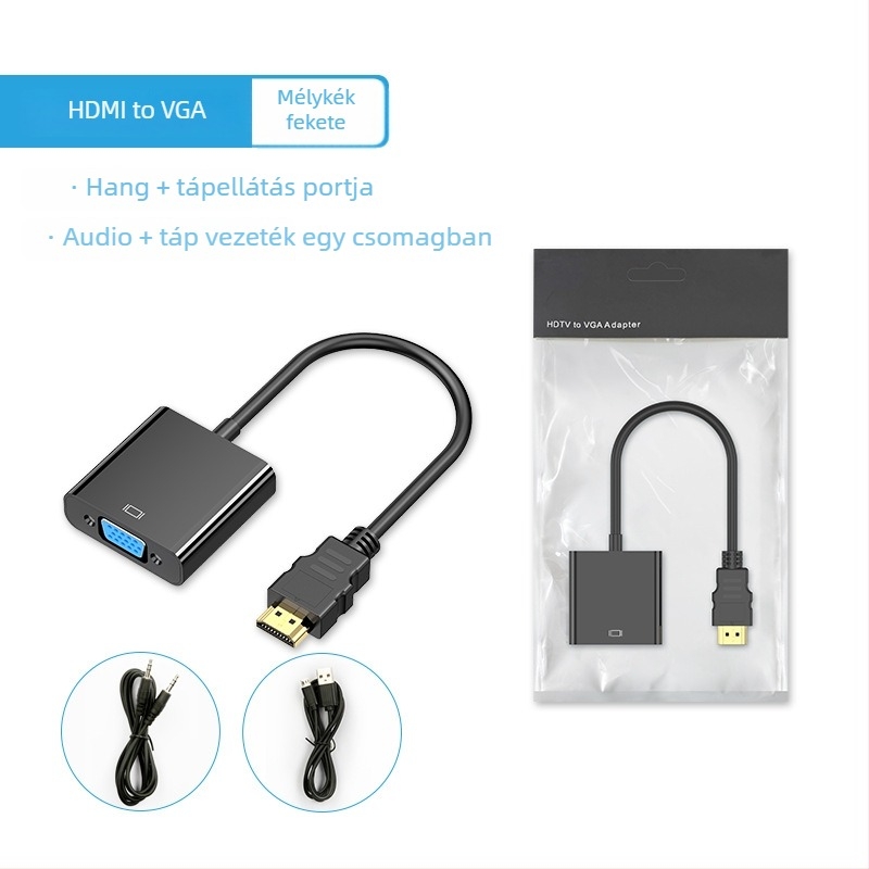 HDMI–VGA adapter hanggal, 0,15 m kábel, ABS ház, aranyozott csatlakozó, oxigénmentes réz vezető