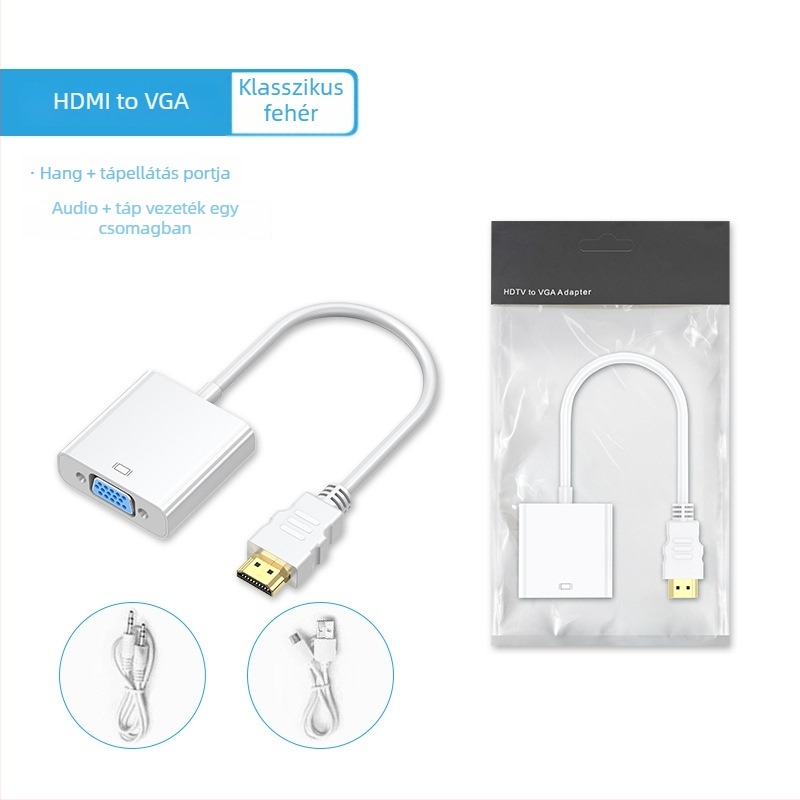 HDMI–VGA adapter hanggal, 0,15 m kábel, ABS ház, aranyozott csatlakozó, oxigénmentes réz vezető