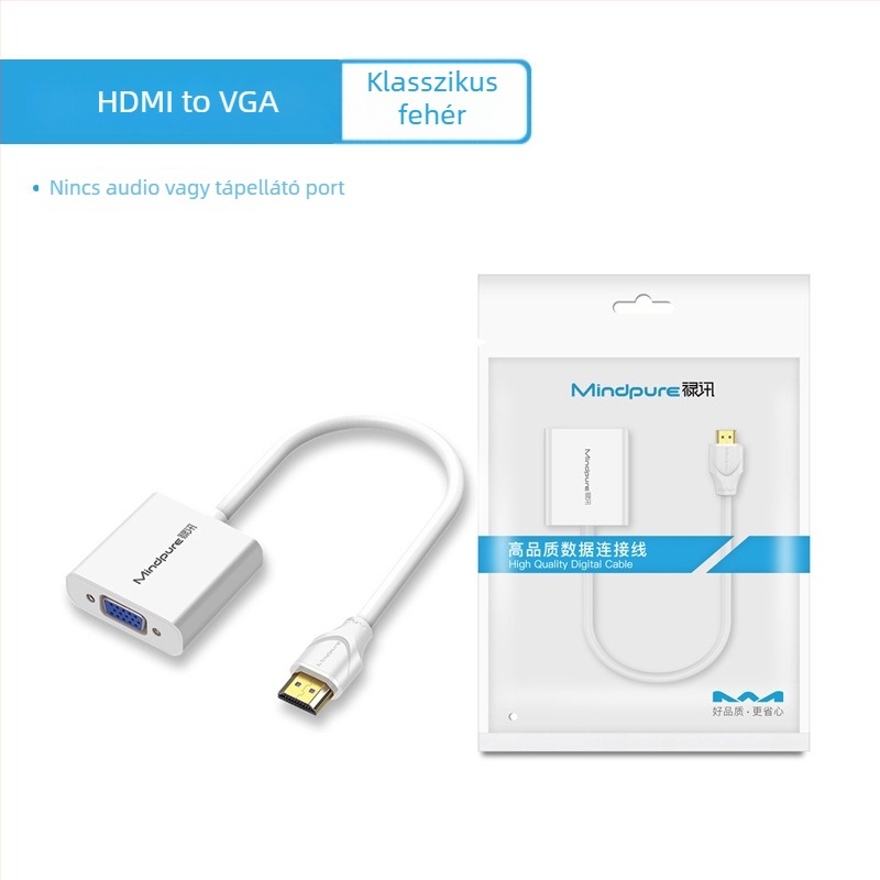 HDMI–VGA adapter hanggal, 0,15 m kábel, ABS ház, aranyozott csatlakozó, oxigénmentes réz vezető