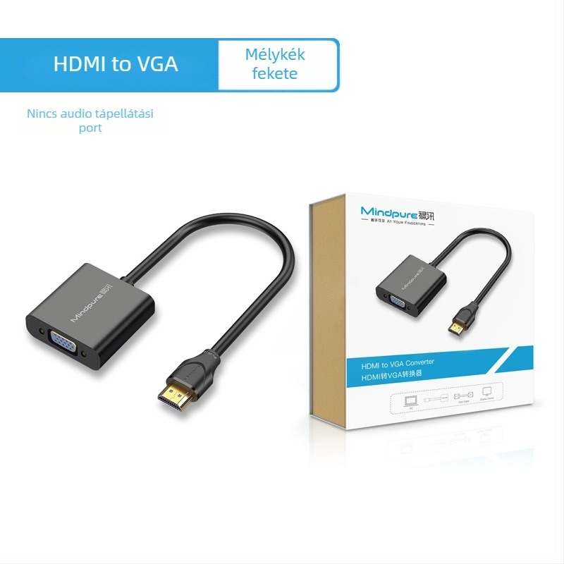 HDMI–VGA adapter hanggal, 0,15 m kábel, ABS ház, aranyozott csatlakozó, oxigénmentes réz vezető