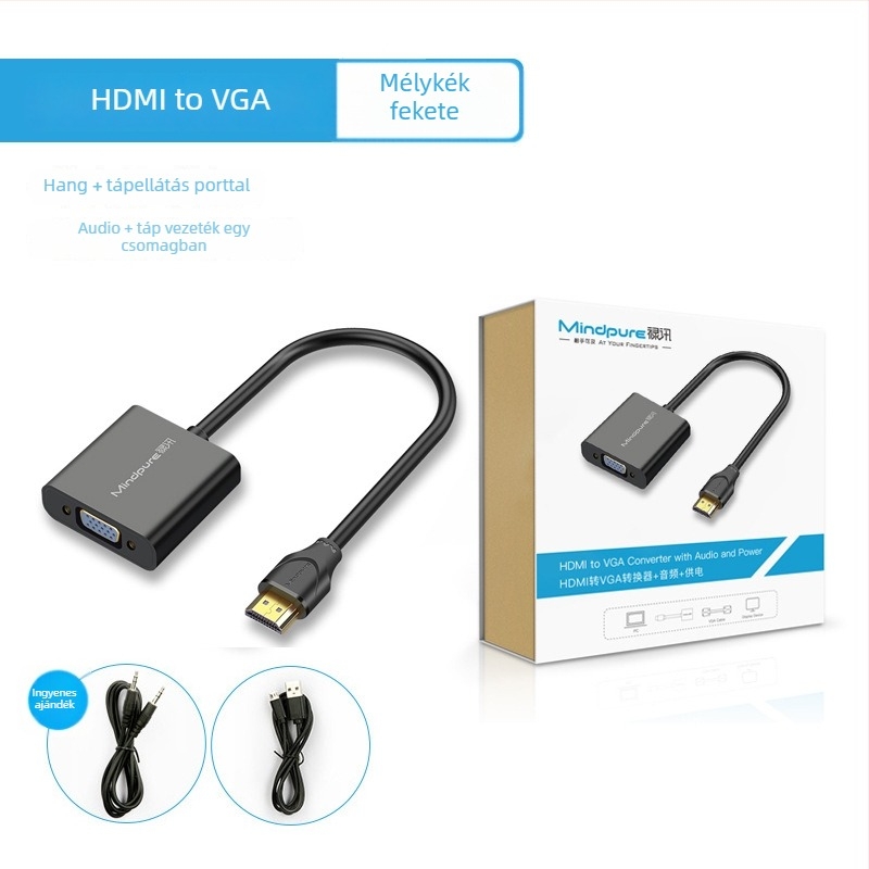HDMI–VGA adapter hanggal, 0,15 m kábel, ABS ház, aranyozott csatlakozó, oxigénmentes réz vezető