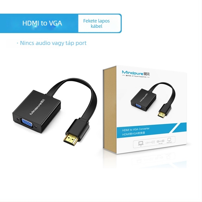 HDMI–VGA adapter hanggal, 0,15 m kábel, ABS ház, aranyozott csatlakozó, oxigénmentes réz vezető