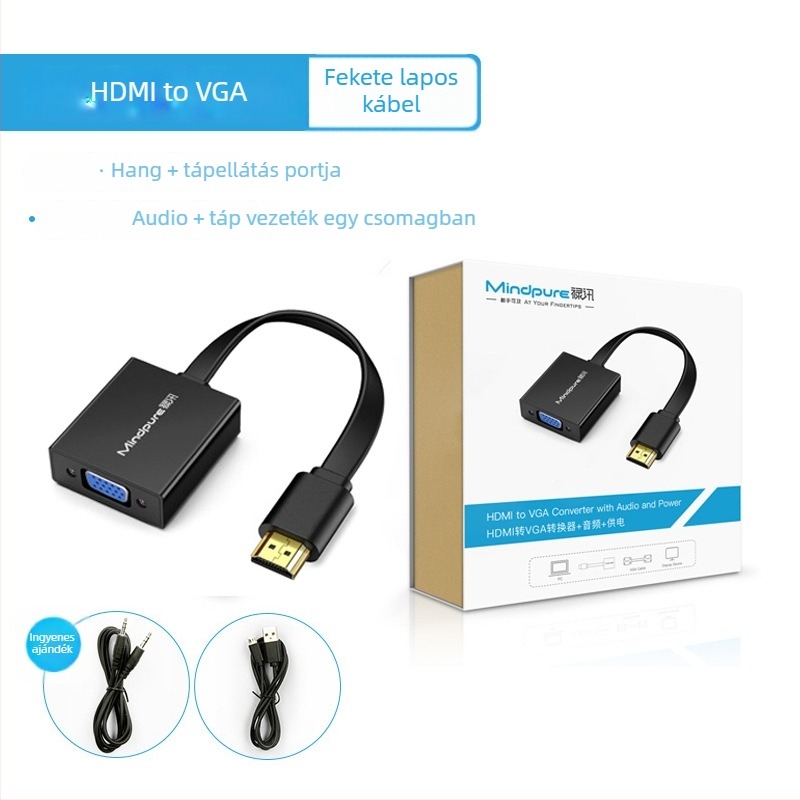 HDMI–VGA adapter hanggal, 0,15 m kábel, ABS ház, aranyozott csatlakozó, oxigénmentes réz vezető
