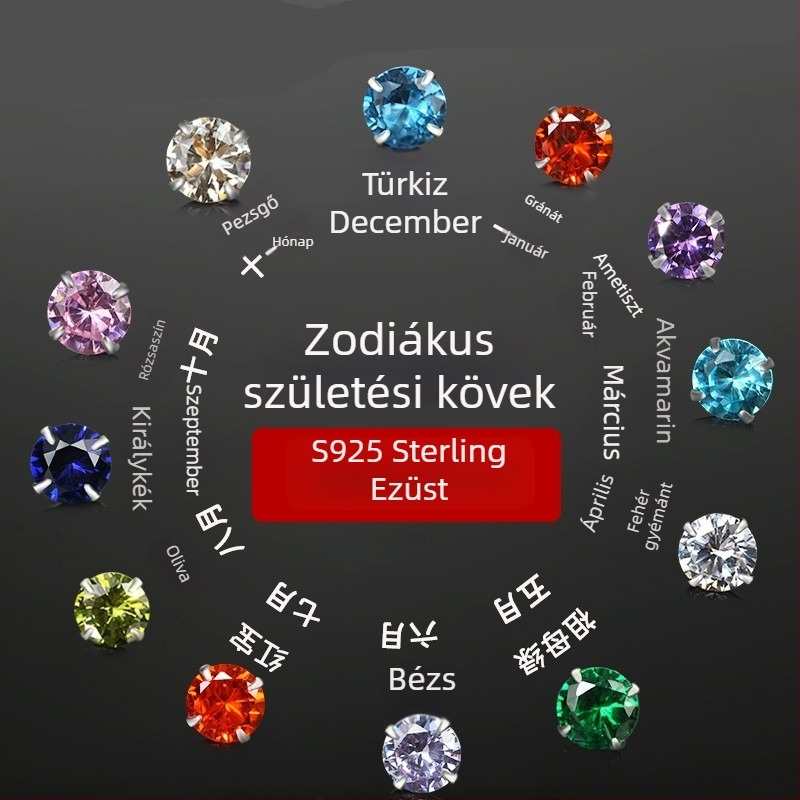 S925 Sterling ezüst négyprongos fülbevaló színes csillogó kövekkel, kifinomult és minimalist stílus