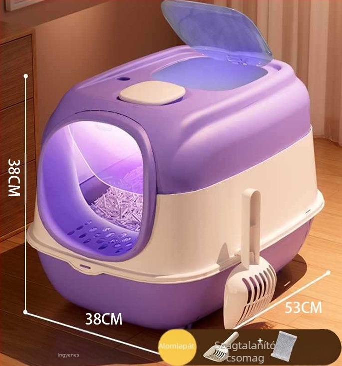 Extra nagy zárható macskaalomtál UV-sterilizációval és dezodorálással, dupla ajtó, felnyitható fedél, fröcsögés elleni védelem