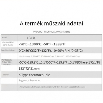 YD1310 Digitális hőmérő - Ipari elektronikus hőmérő NR probe-nal, tartomány 0–1300°C, felbontás 0.5°C, pontosság osztálya 1.0