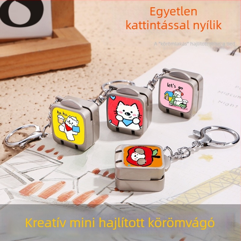 Hordozható összecsukható körömvágó olló egy kattintásos nyitással – macskás kulcstartó medál